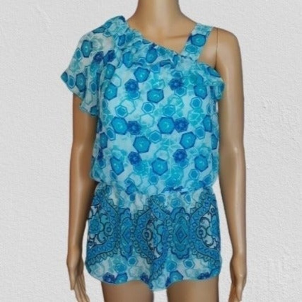 IZ Amy Byer One Shoulder BOHO Top Blouse size XL Juniors aqua blue black D80